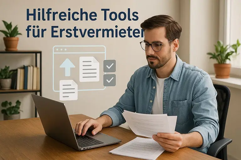 Hilfreiche Tools für Erstvermieter, die ihre Immobilie vermieten 1 Hilfreiche Tools für Erstvermieter - Bild zeigt jungen Mann am Schreibtisch vor einem Laptop mit Dokumenten, die er digitalisiert