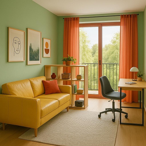 optimale Raumgestaltung für kleine Wohnungen: Bild zeigt kleines Apartment mit grüner Wand gelbem  Sofa und orange-farbene Vorhängen.