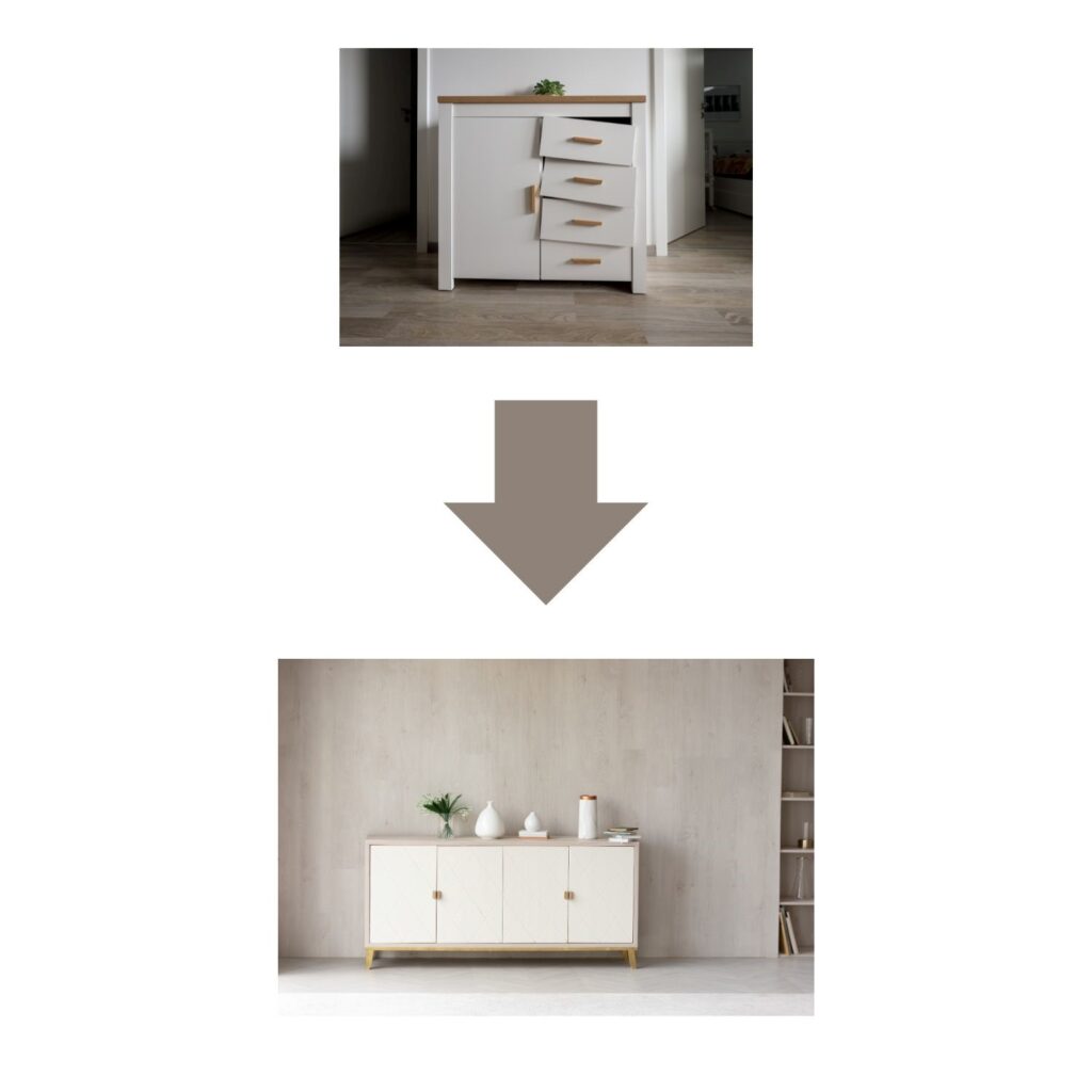 Nachhaltigkeit in der Möbelindustrie Bild Kommode vor und nach einem Upcycling  