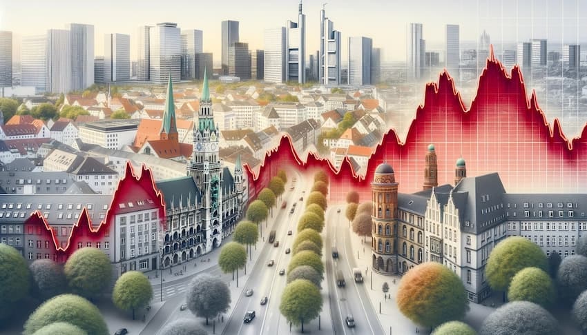 Zuversicht kehrt an den Immobilienmarkt zurück: Bild zeigt Skyline einer Stadt durch die eine rote Zick-Zack-Kurve verläuft