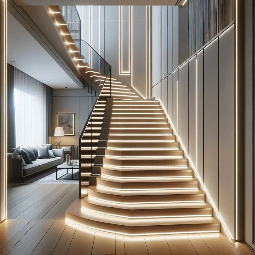 Mit LED-Streifen schöne Lichteffekte in jeder Wohnung zaubern 1 mit LED-Streifen Wohnung aufhellen: Bild zeigt Treppenaufgang, der mit LED-Streifen intensiv beleuchtet wird.