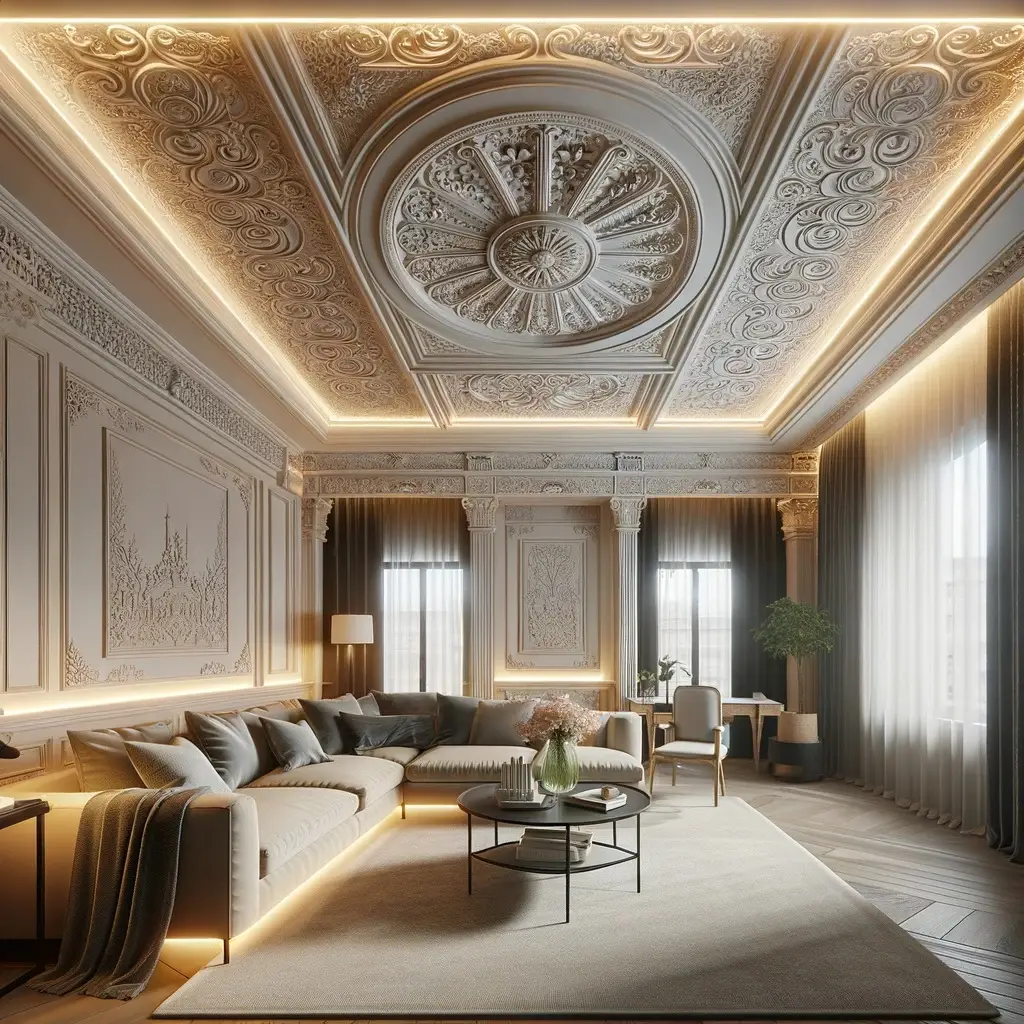 Mit LED-Streifen schöne Lichteffekte in jeder Wohnung zaubern 2 mit LED-Lichtstreifen Wohnung beleuchten, Bild zeigt Raum mit Stuckdecke und Wand, die mit LED-Lichtstreifen passiv beleuchtet werden.