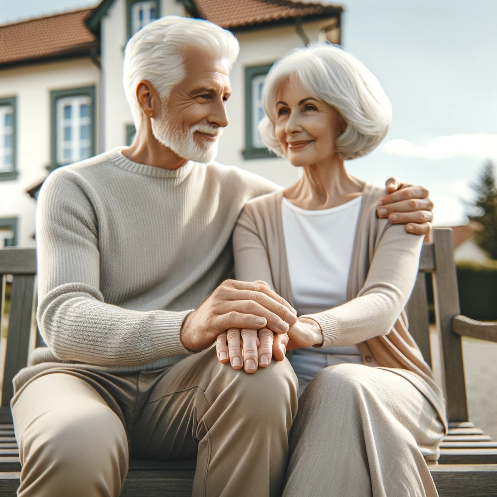 Rente mit Immobilie aufbessern: Senioren sitzen vor ihrem Haus auf einer Bank 