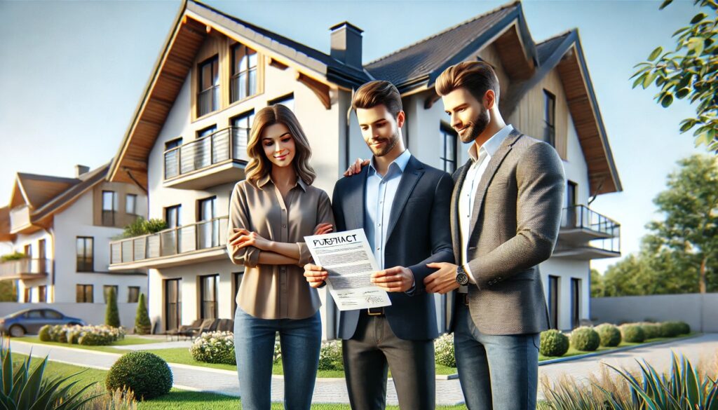 Co-Ownership Bild zeigt 3 junge Menschen vor Mehrfamilienhaus, sie betrachten ein Dokument