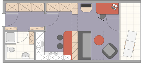 Wohnen im 1-Zimmer-Apartment Bild zeigt Grafik mit hochwertiger Küche
