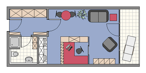 Wohnen im 1-Zimmer-Apartment -Bild zeigt Grundriss mit Hochbett und darunter Arbeitsnische