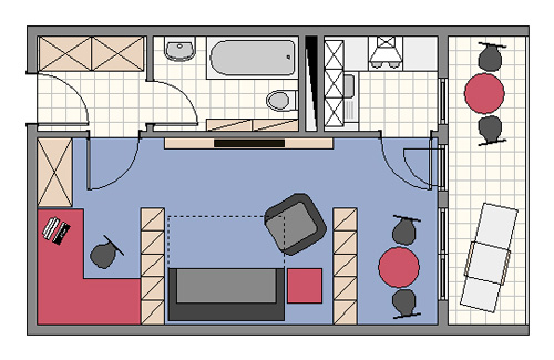 Wohnen im 1-Zimmer-Apartment mit separater Küche Bild zeigt Grundriss mit Alternative Möblierung