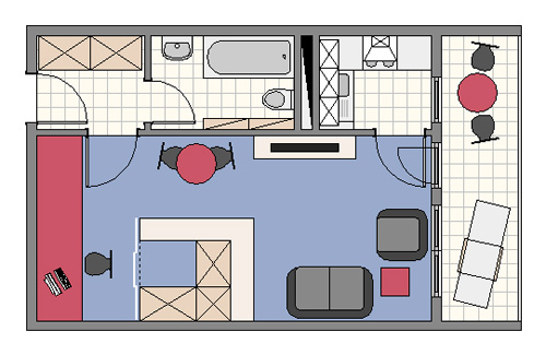 Wohnen im 1-Zimmer-Apartment - Bild zeigt Grundriss mit separater Küche Variante 2 Möblierung mit Hochbett 