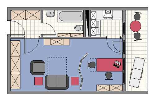 Wohnen im 1-Zimmer-Apartment  Bild zeigt Grundriss mit separater Küche Möblierungsvorschlag