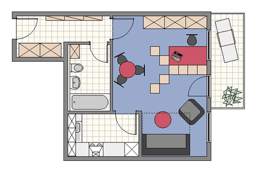 Wohnen im 1-Zimmer-Apartment Bild zeigt großes 1-Zimmer-Apartment mit ungünstigem Grundriss, Möblierungsvorschlag 2