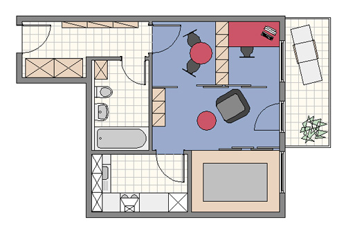 Wohnen im 1-Zimmer-Apartment Bild zeigt großes 1-Zimmer-Apartment mit ungünstigem Grundriss, Möblierungsvorschlag Variante 3 