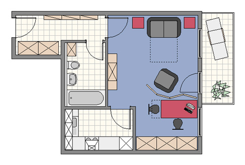 großes 1-Zimmer-Apartment mit ungünstigem Grundriss Möblierungsvorschlag