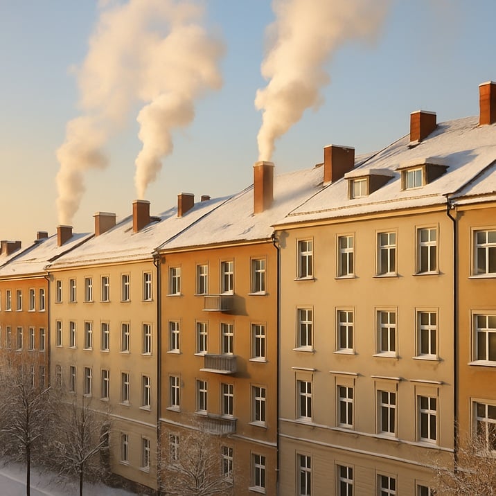 Wohnungen und Häuser der Zukunft Bild zeigt ältere Häuser im Winter mit rauchenden Kaminen