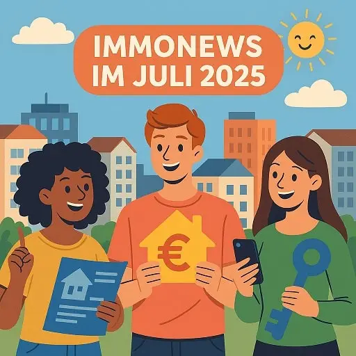 Wohnungsmarktupdate - aktuelle Themen rund ums Wohnen, Vermieten und den Immobilienmarkt 1 Immonews im Juli 2025 Bild zeigt 3 junge Menschen, die sich über verschiedene Medien rund um Immobilien informieren