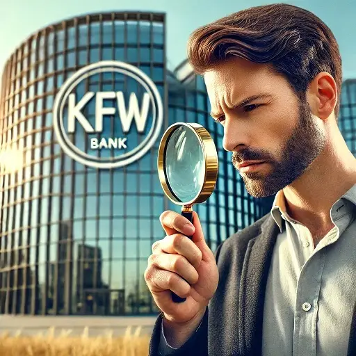 KfW-Kredit für Vermögensaufbau nutzen 2 KfW-Kredit für den Vermögensaufbau nutzen Bild zeigt Mann mit Lupe vor KfW-Bank
