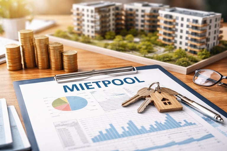 Bild zeigt einen Klemmhefter auf einem Tisch mit einer Mietpool Information im Hintergrund steht ein Architekturmodell einer großen Wohnanlage