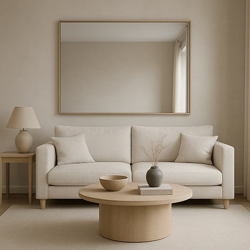 Wie weniger zu mehr Lebensqualität führt 1 wie weniger zu mehr Lebensqualität führt - Bild zeigt hellen runden Holztisch vor cremefarbenem Sofa auf cremfarbenem Teppich.