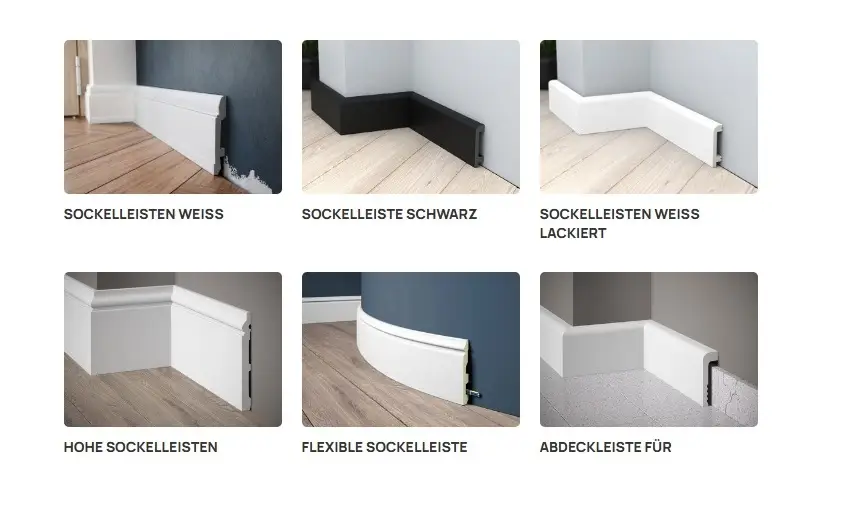 Warum sind Sockelleisten so wichtig? 2 Warum sind Sockelleisten so wichtig? Bild zeigt 6 verschiedene Böden, die von verschieden geformten Sockelleisten in weiß und schwarz umrahmt sind