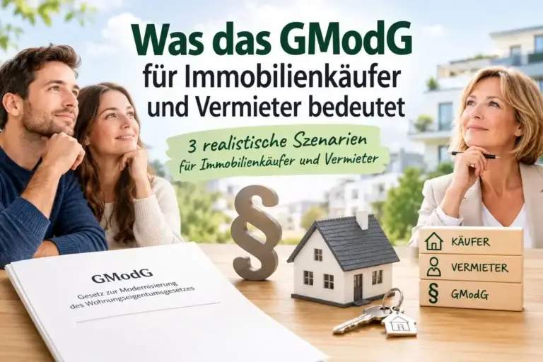 Bild zeigt 3 Personen die an einem Tisch sitzen, auf dem der Gesetzestext des GModG neben einem Hausmodell liegt.