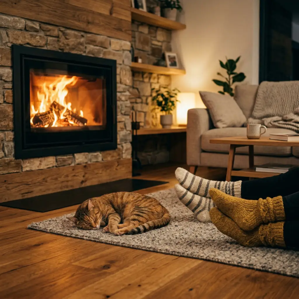 Heizen mit Holz: Wie lange ist es in Oldenburg noch erlaubt? 1 Bild zeigt Wohnzimmer mit Feuer im Kaminofen, davor auf dem Teppich eine Katze und zwei Paar Füße in Socken