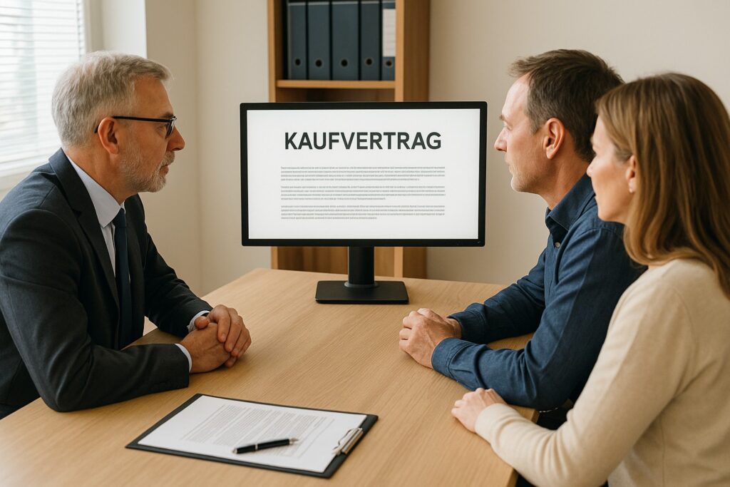 Bild zeigt Notar und Ehepaar bei der digitalen Beurkundung eines Wohnungskaufvertrags. 