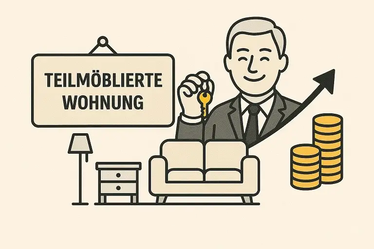 Teilmöbliert vermieten – Miete für Möbel richtig berechnen 1 teilmöbliert vermieten: Bild zeigt Grafik mit Möbel dahinter lächelnde Person mit Schlüssel in der Hand und Stappel von Münzen