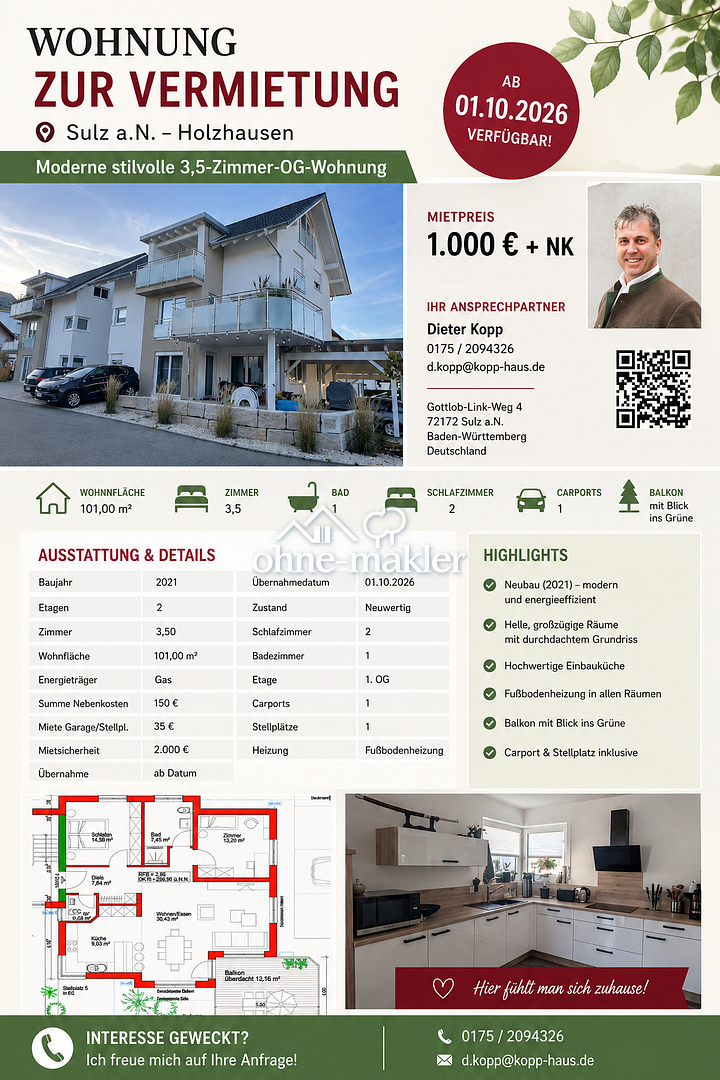Moderne Wohnung im Obergeschoß – lichtdurchflutet ruhig, 72172 Sulz am Neckar (Sulz)