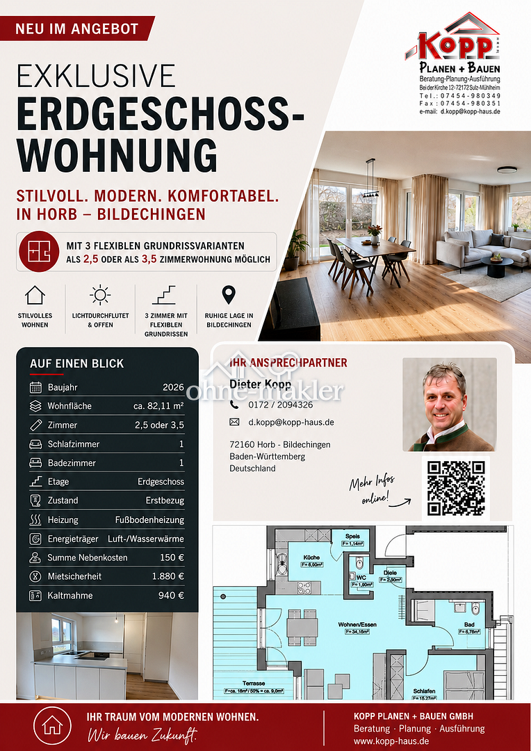 Moderne 2,5/3,5-Zimmer-Wohnung mit Terrasse in Horb, 72160 Horb am Neckar