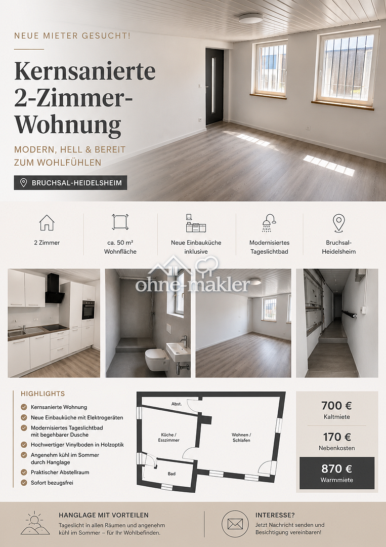 Kernsanierte 2-Zimmer-Wohnung mit neuer Einbauküche in Bruchsal-Heidelsheim, 76646 Bruchsal