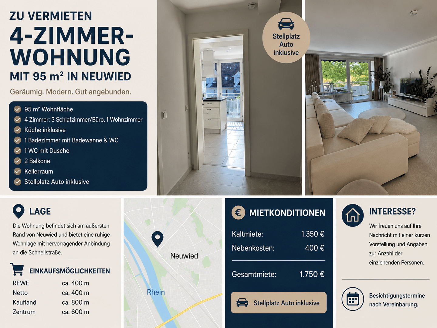 Moderne 4-Zimmer-Wohnung mit 95 m², 2 Balkonen und Stellplatz in Neuwied, 56564 Neuwied