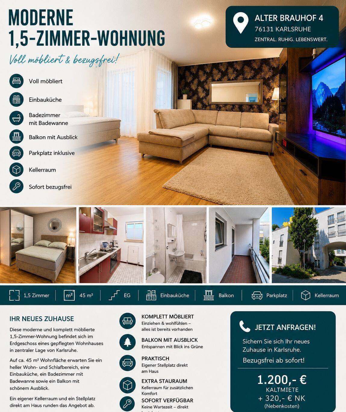 🏡 Moderne, komplett möblierte 1,5-Zimmer-Wohnung in zentraler Lage von Karlsruhe zu vermieten, 76137 Karlsruhe