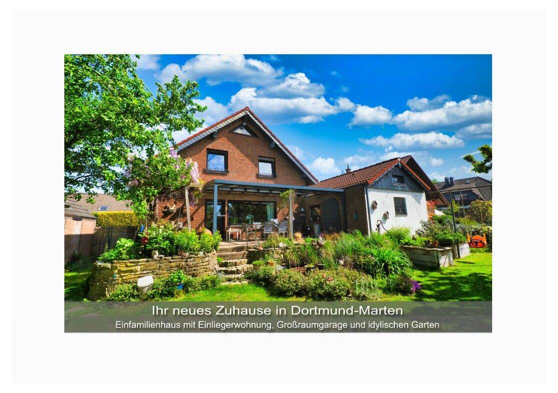 Ihr neues Zuhause in Dortmund-Marten – Einfamilienhaus mit Einliegerwohnung, Großraumgarage und idylischen Garten, 44379 Dortmund