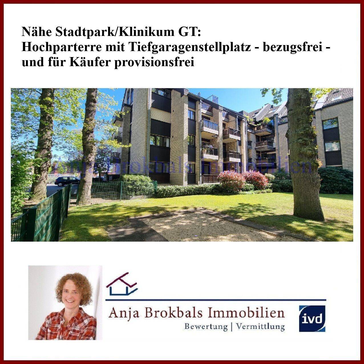 Nähe Stadtpark/Klinikum GT: Hochparterre mit Tiefgaragenstellplatz – bezugsfrei – für Käufer provisionsfrei, 33332 Gütersloh