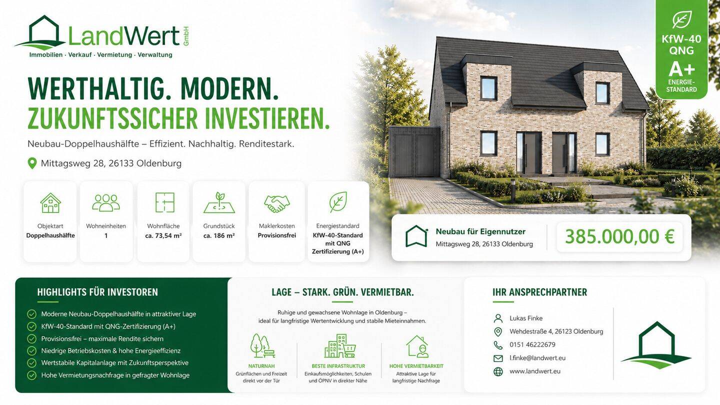 Ihr neues Zuhause! Doppelhaushälfte im KfW-40-Standard mit QNG Zertifizierung., 26133 Oldenburg (Oldb) (Kreyenbrück)