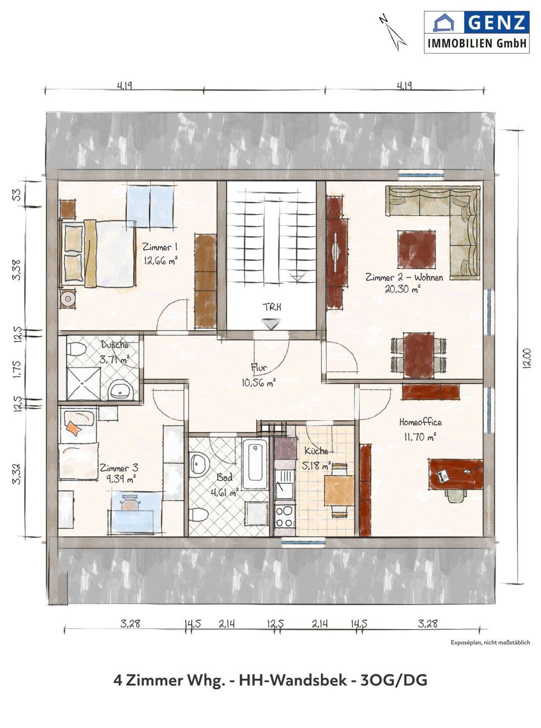 Vermietung einer 4 Zimmer Wohnung, ca. 78,11 m² Wohnfläche, im 3OG, Olewischtwiet, 22177 Hamburg-Bramfeld, 22177 Hamburg (Wandsbek Bramfeld Steilshoop)