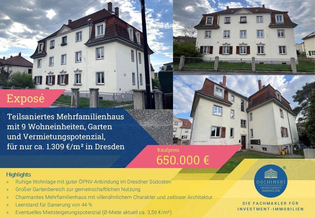 +++ Mehrfamilienhaus + Dresden + 9 Wohneinheiten + Garten + teilsaniert + Kulturdenkmal +++ D16866, 1257 Dresden (Großzschachwitz Leuben Lockwitz Niedersedlitz)