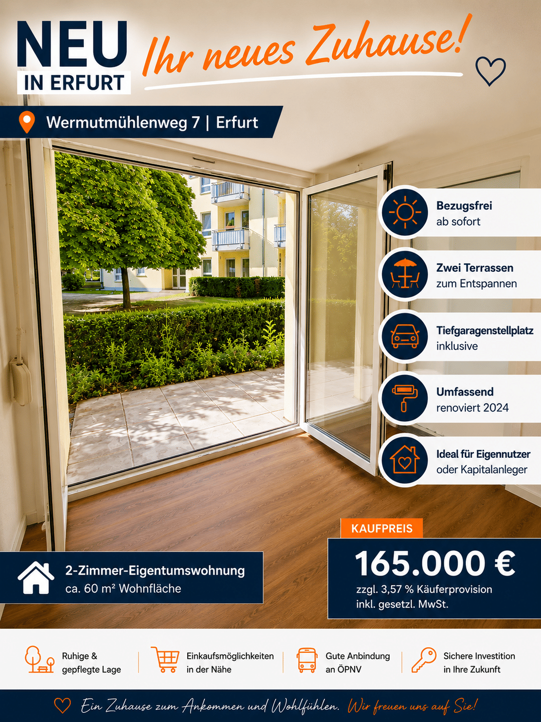 Sofort Bezugsfertig Lichtdurchflutete 2-Zimmer-Wohnung mit 2 x Terrassen & TG-Stellplatz, 99089 Erfurt (Altstadt Andreasvorstadt Berliner Platz Ilversgehofen Rieth)