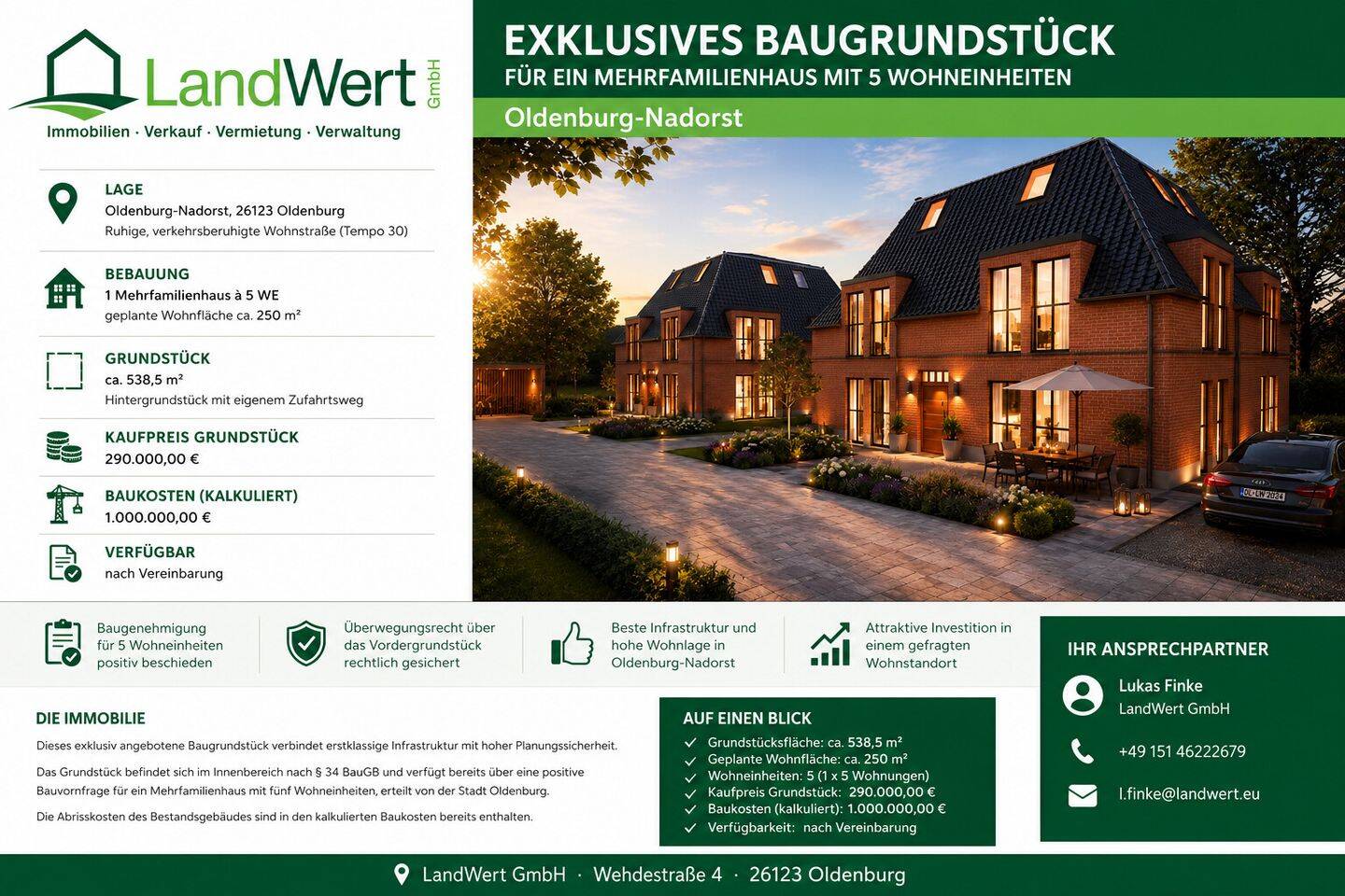 Exklusives Baugrundstück mit Planung eines Mehrfamilienhauses mit fünf Wohneinheiten im KFW-40-Standard mit QNG Zertifizierung., 26125 Oldenburg (Oldb) (Donnerschwee Etzhorn Nadorst Ofenerdiek Ohmstede)