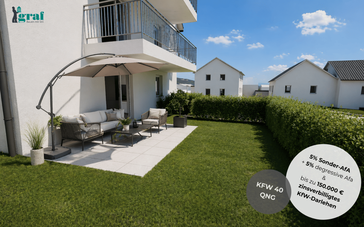 Riesige Sonnen-Terrasse: 3-Zimmer Wohnung – KFW40 QNG, 71272 Renningen