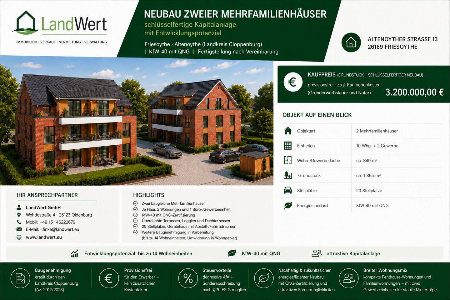 Neubauprojekt, zwei baugleiche Mehrfamilienhäuser im 40-KfW-Standard mit QNG Zertifizierung., 26169 Friesoythe