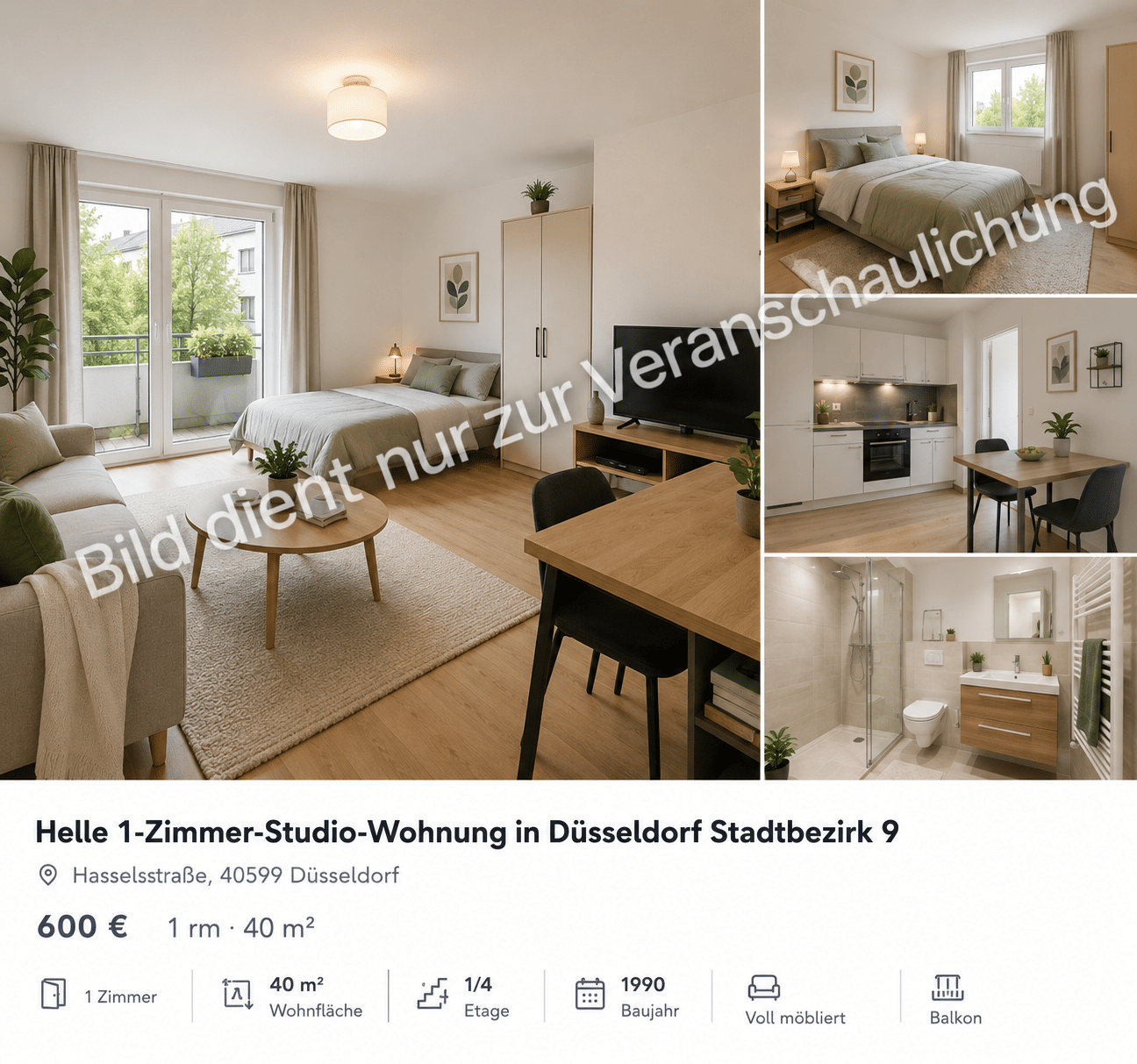 Helle 1-Zimmer-Studio-Wohnung in Düsseldorf Stadtbezirk 9, 40599 Düsseldorf (Benrath Hassels Holthausen Reisholz)