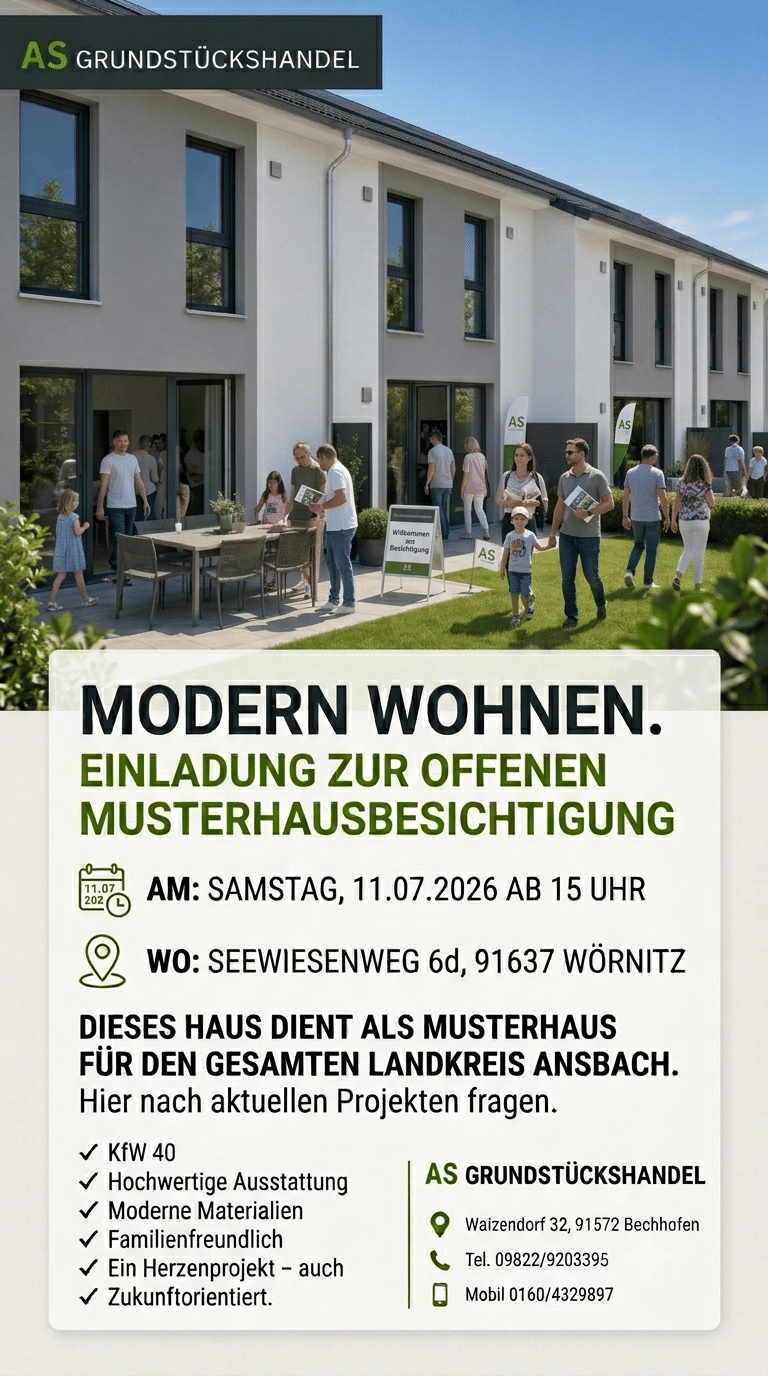 11.07.2026 ab 15Uhr Offener Musterhaustag 91637 Wörnitz – für Kaufintressenten aber auch Mietinteressenten, 91555 Feuchtwangen