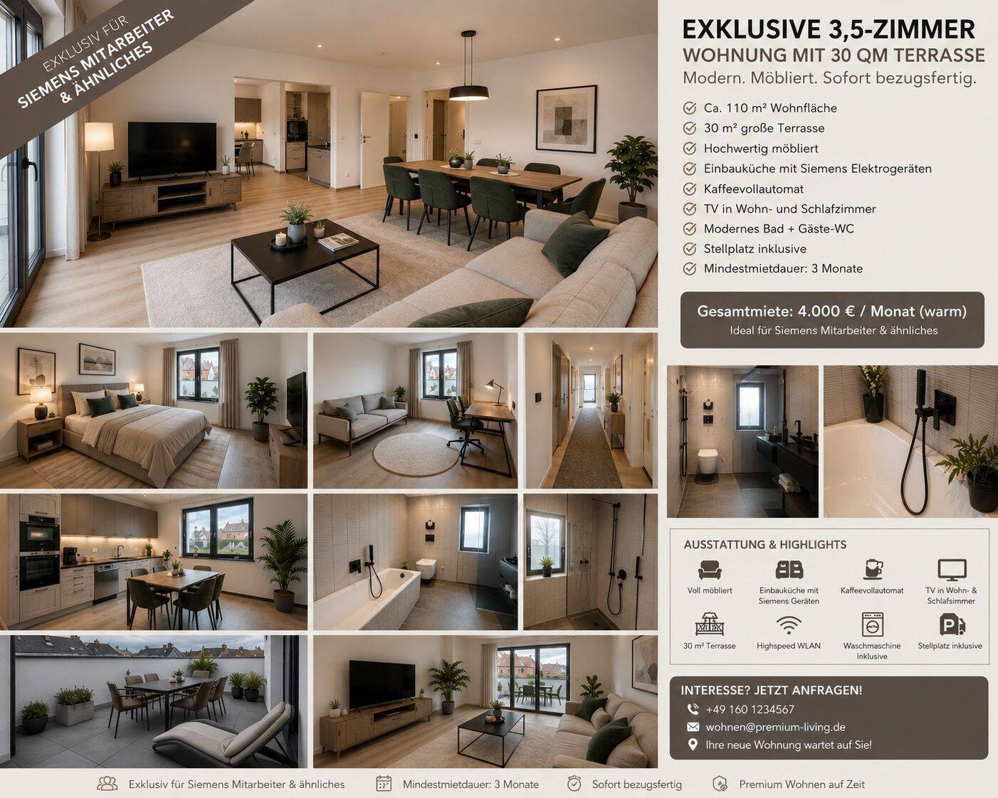 Exklusive möblierte 4-Zimmer-Wohnung mit 30 m² Terrasse, 90453 Nürnberg