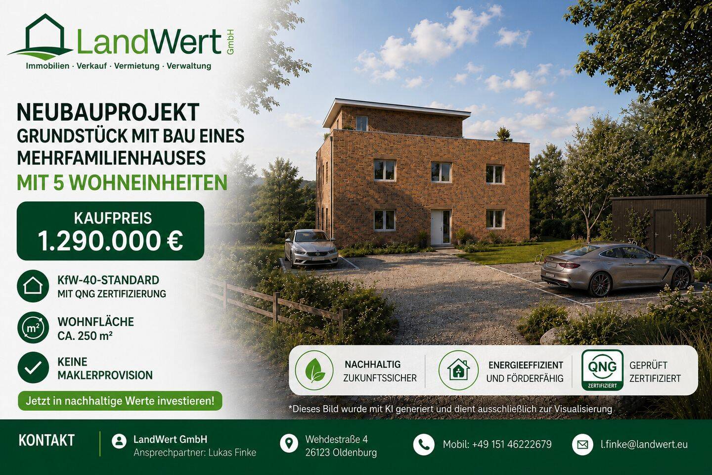 Exklusives Baugrundstück mit Planung eines Mehrfamilienhauses mit fünf Wohneinheiten im KFW-40-Standard mit QNG Zertifizierung., 26125 Oldenburg (Oldb) (Donnerschwee Etzhorn Nadorst Ofenerdiek Ohmstede)