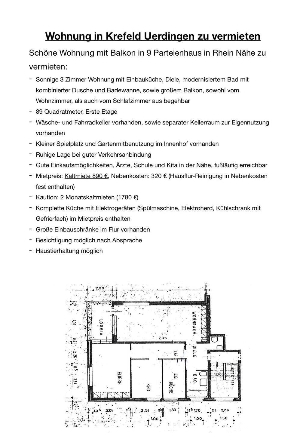 Mietwohnung, 3 Zimmer, 89 m², in Krefeld, 47829 Krefeld (Gartenstadt Uerdingen)