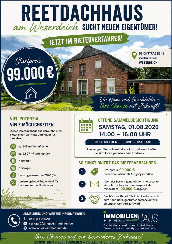 Bieterverfahren ! Offene Besichtigung am 01.08.2026 von 14-16 Uhr !, 27804 Berne