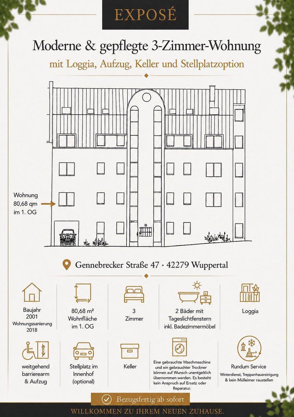Moderne & gepflegte 3-Zimmer-Wohnung mit Loggia, Aufzug, Keller und Stellplatzoption, 42279 Wuppertal (Barmen Stadt Sprockhövel)