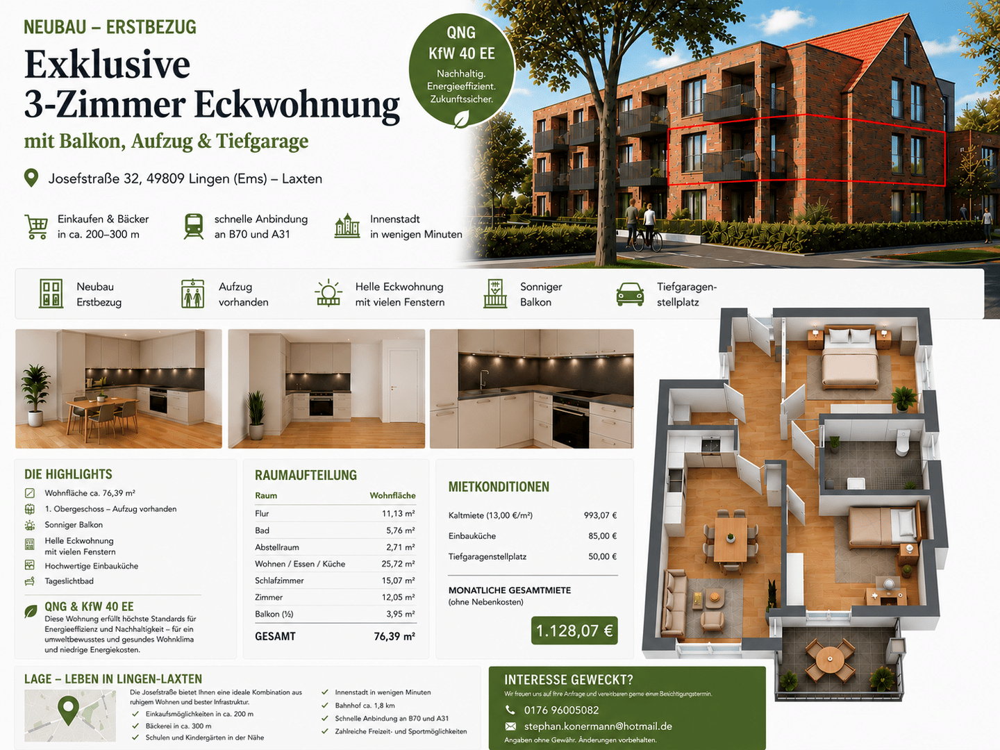Exklusive 3-Zimmer-Neubauwohnung mit großer Fensterfront, Balkon, Aufzug & Tiefgarage in Lingen, 49809 Lingen (Ems)
