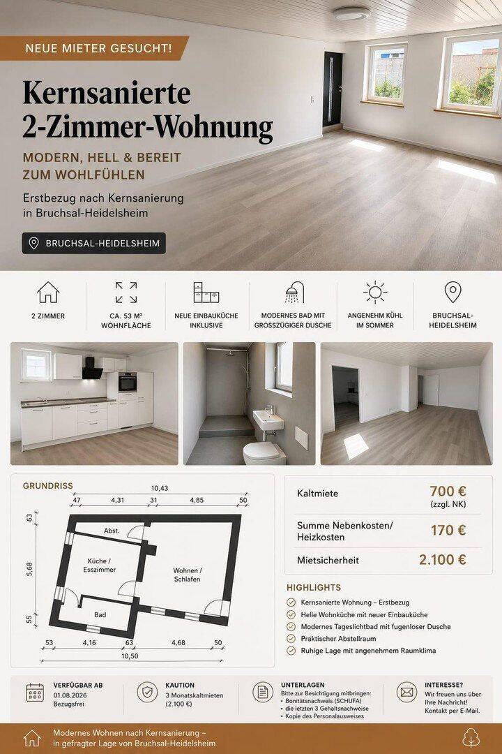 Kernsanierte 2-Zimmer-Wohnung mit großer Wohnküche in Bruchsal-Heidelsheim, 76646 Bruchsal