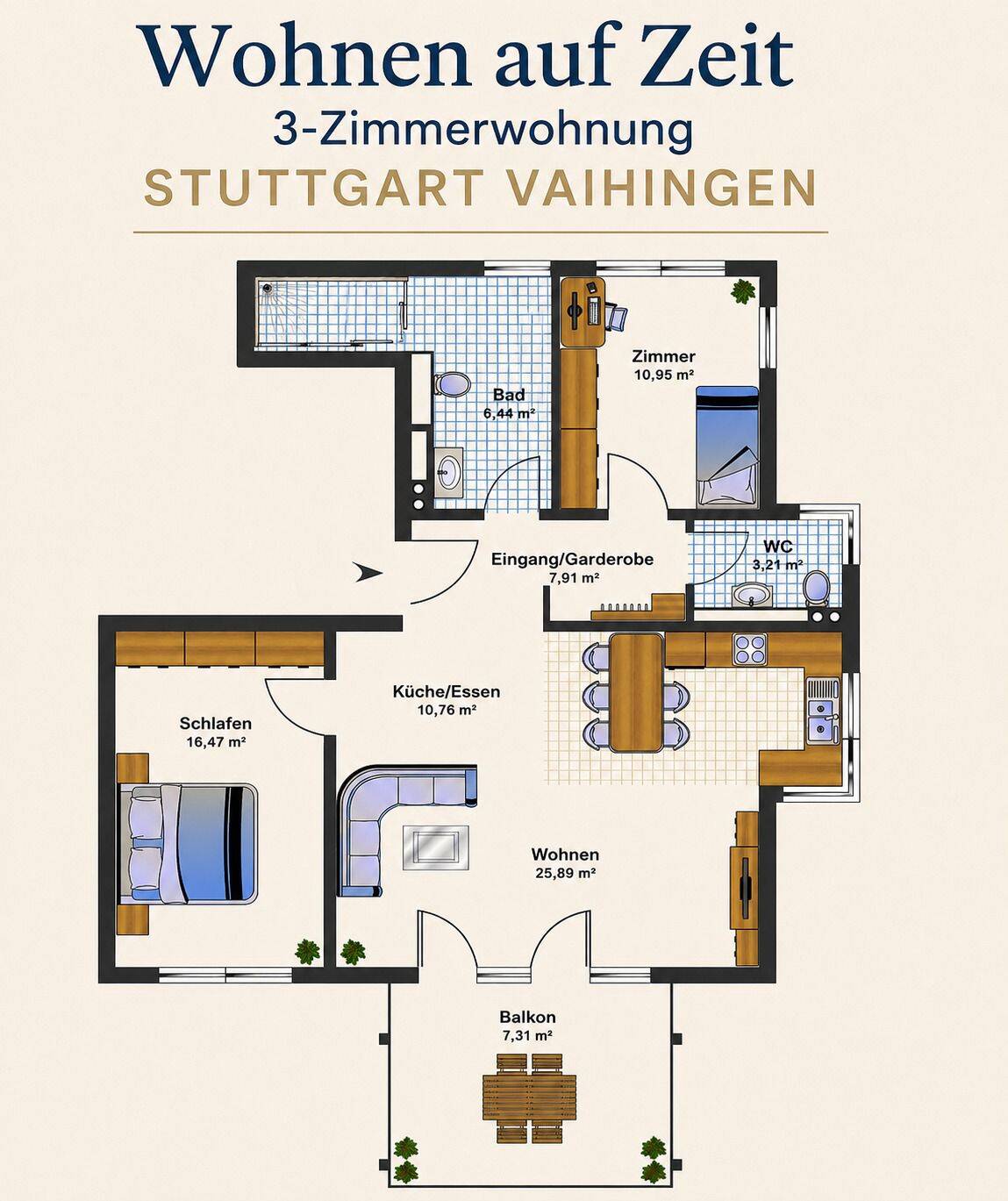3 Zimmerwohnung | Wohnen auf Zeit in Stuttgart-Vaihingen, 70565 Stuttgart (Dürrlewang Fasanenhof Möhringen Rohr Vaihingen)